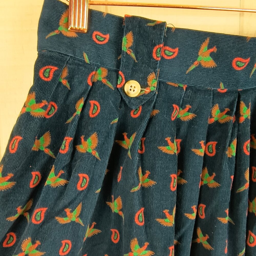 Vintage 90s Corduroy Midi Skirt Pheasant Bird Print Classic Prep - Picture 4 of 5